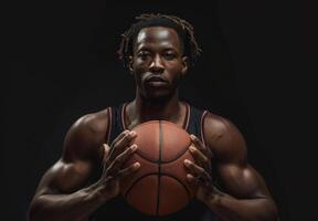 Athletic man holding basketball in dark studio, showcasing strength and focus, ready for game. Intense and dramatic lighting. photo