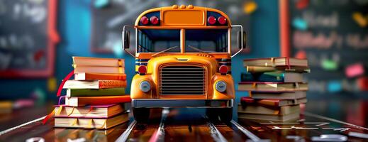 Long shot of a brightly colored school bus, detailed 3D rendering, stacks of books around it and a chalkboard with casual writing, ample copyspace, engaging and dynamic concept background for learning photo