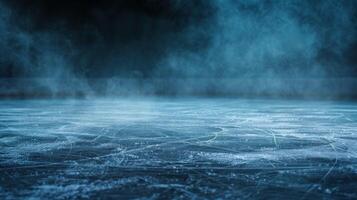ice rink background with smoke, dark background, ice hockey floor photo