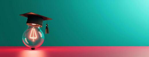 Eye-level angle, business education concept, ample copyspace, light bulb emitting soft glow, graduation cap perched on bulb, CG 3D rendering, vibrant and engaging composition photo