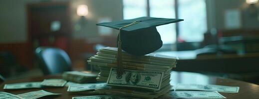 Frontal view of a graduation cap balanced on top of a stack of hundred-dollar bills, with a softly blurred academic backdrop, photorealistic precision, vibrant colors photo