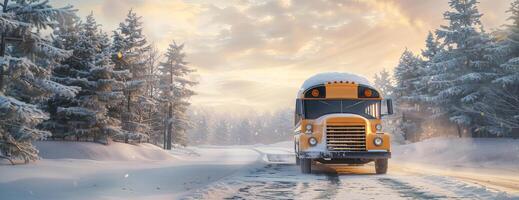 Head-on view of a classic school bus cruising on a snow-blanketed road, snow gently falling, serene backdrop of winter woods and soft pastel sky, hyper-realistic 3D render photo
