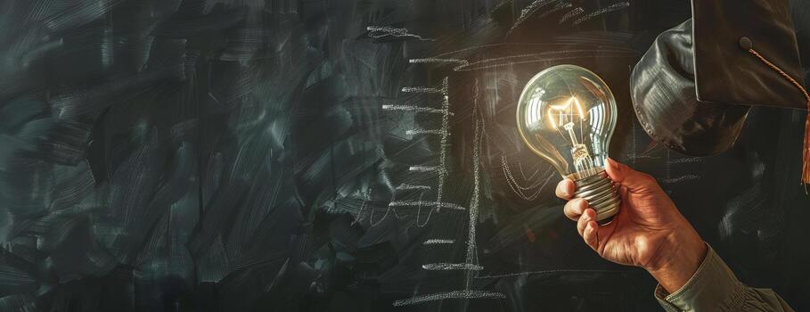 High-angle, close-up shot, hand gripping a light bulb donning a graduation cap, set against a chalkboard backdrop, clean copyspace, detailed digital painting, emphasizing textures and shading photo