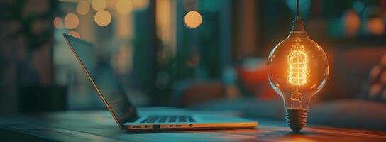High-angle laptop with a blurred backdrop, close-up on an illuminated light bulb, representing self-learning and educational growth, hyper-realistic style, gentle lighting, inviting tone photo