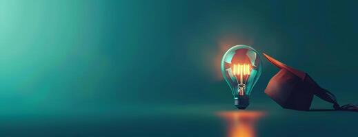 Eye-level angle, concept of business education, minimalistic copyspace, glowing light bulb, graduation cap resting on light bulb, digital illustration, bright and clean aesthetic photo
