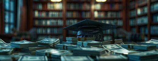 Frontal view of a graduation cap resting atop a neatly arranged pile of money, background softly blurred with hints of a library setting, CG 3D rendering, ultra-realistic textures photo