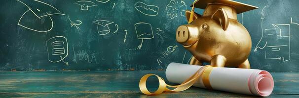 Elegant gold piggy bank, sleek graduation cap, rolled diploma with ribbon, seen from a tilted angle, lifelike oil painting style, set against a green chalkboard background with faint chalk diagrams photo