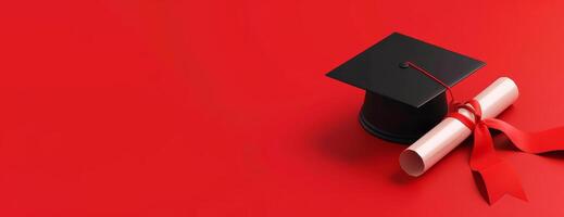 Long view of an academic cap and a diploma with elegant ribbon, centered on a bright red background, generous copyspace, CG 3D design, ultra-realistic lighting and shadows, meticulous detailing photo