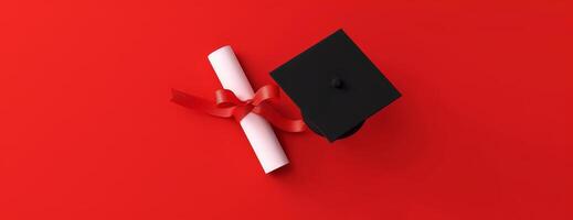 Long view of an academic cap and a diploma with elegant ribbon, centered on a bright red background, generous copyspace, CG 3D design, ultra-realistic lighting and shadows, meticulous detailing photo