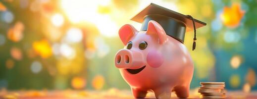 Frontal view piggy bank wearing a graduation cap, realistic rendering, soft focus blur background, money-saving concept, vibrant colors, photorealistic digital art style photo