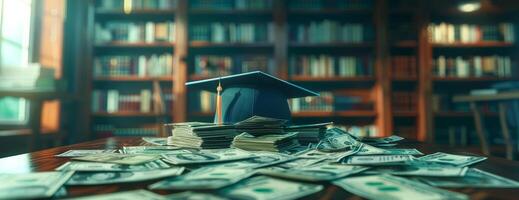 Frontal view of a graduation cap resting atop a neatly arranged pile of money, background softly blurred with hints of a library setting, CG 3D rendering, ultra-realistic textures photo