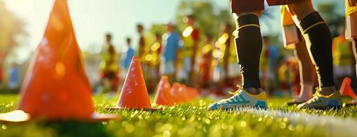High-angle close-up, school coach preparing a field for soccer training, coach holding bright orange training cones, kids waiting in line, blurred background, vivid colors, photorealistic photo