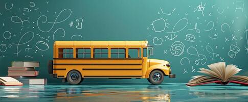Long shot of a classic yellow school bus, 3D rendering, surrounded by open books and a chalkboard with doodles, white copyspace above, vibrant and educational background for school promotions photo