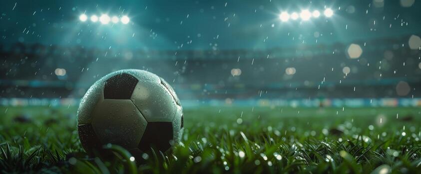 Soccer ball on wet grass in a stadium under bright lights, capturing the intensity and atmosphere of a nighttime match. photo