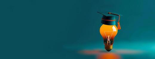 Eye-level angle, business education concept, ample copyspace, light bulb emitting soft glow, graduation cap perched on bulb, CG 3D rendering, vibrant and engaging composition photo