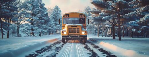 Head-on view of a classic school bus cruising on a snow-blanketed road, snow gently falling, serene backdrop of winter woods and soft pastel sky, hyper-realistic 3D render photo