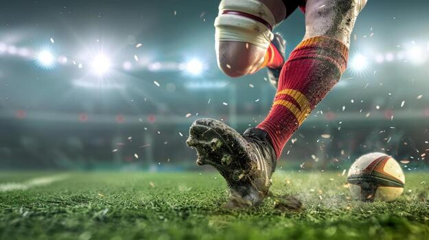 Close-up of a rugby player's leg kicking a muddy rugby ball on a grassy field under stadium lights in action on game day. photo