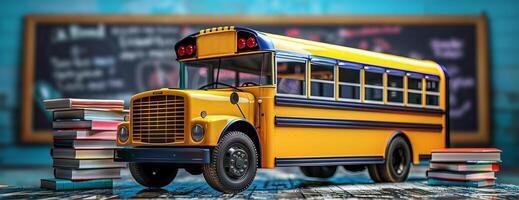 Long shot of a brightly colored school bus, detailed 3D rendering, stacks of books around it and a chalkboard with casual writing, ample copyspace, engaging and dynamic concept background for learning photo