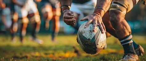 Close-up action shot of a rugby player reaching for the ball during a game, with teammates in the background on a grassy field. photo
