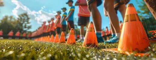 High-angle close-up, school coach preparing a field for soccer training, coach holding bright orange training cones, kids waiting in line, blurred background, vivid colors, photorealistic photo