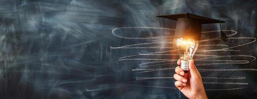 High-angle, close-up of a hand holding a light bulb with a graduation cap, isolated on a chalkboard background, ample copyspace, photorealistic rendering, vibrant lighting highlights photo