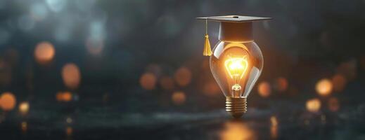 Eye-level angle, business education concept, ample copyspace, light bulb emitting soft glow, graduation cap perched on bulb, CG 3D rendering, vibrant and engaging composition photo