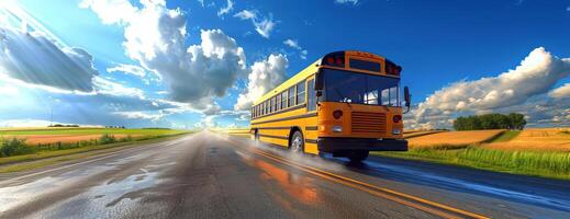 Dramatic worms-eye view of a modern school bus speeding on a deserted rural road photo