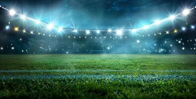 Bright stadium lights over an empty soccer field, perfect for sports events, games, and competition themes. photo