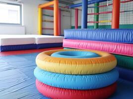 Colorful soft play equipment in an indoor activity center, featuring stacked foam rings and cushioned mats. photo