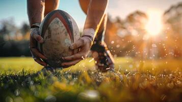 Close-up of a rugby player holding a rugby ball on a field at sunset, capturing the sport's intensity and natural lighting. photo