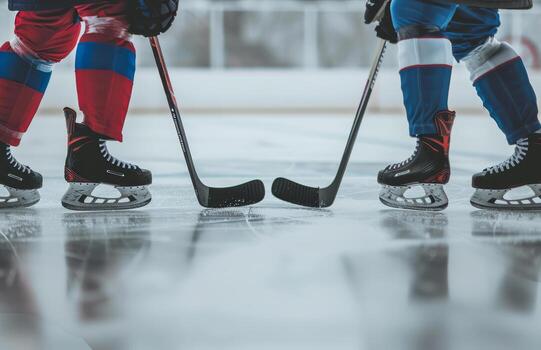 de cerca de dos hockey jugadores frente a apagado en el hielo pista con su palos conmovedor, Listo para un juego. foto