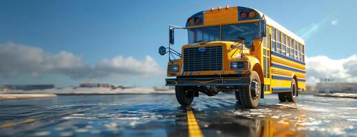 Frontal view of a bright yellow school bus, parked on blacktop, clear blue sky in the background, photorealistic detail, sunlight reflecting off windows, high resolution photo