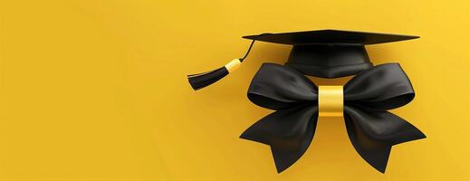 Frontal view, a diploma with a beautiful bow, graduation cap with tassel, vivid yellow background, photorealistic details, crisp and clear edges, perfect lighting, digital art photo