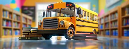 Long shot of a brightly colored school bus, detailed 3D rendering, stacks of books around it and a chalkboard with casual writing, ample copyspace, engaging and dynamic concept background for learning photo