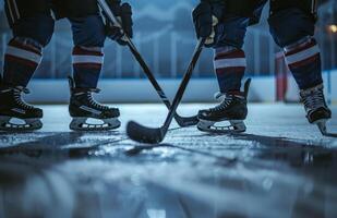 Close-up of hockey players' skates and sticks on the ice rink, captured during a tense game moment under the arena lights. photo