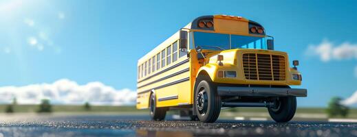Frontal view of a bright yellow school bus, parked on blacktop, clear blue sky in the background, photorealistic detail, sunlight reflecting off windows, high resolution photo