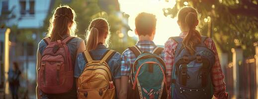 Eye-level shot of school friends, one boy and two girls, with colorful backpacks, backview, sunset lighting, photorealistic digital rendering, capturing youthful camaraderie photo