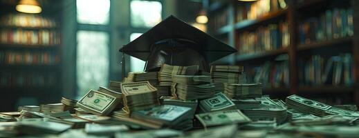 Frontal view of a graduation cap resting atop a neatly arranged pile of money, background softly blurred with hints of a library setting, CG 3D rendering, ultra-realistic textures photo