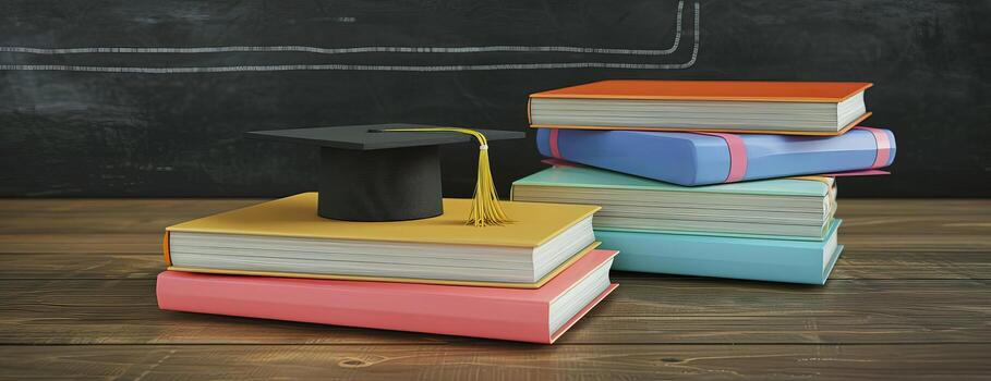 High-angle perspective of colorful textbooks and a modern graduation mortarboard photo