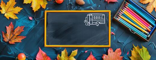 High-angle shot of a back-to-school setup, school bus model beside vivid pencils, autumn leaves around a tree sketch, classroom blackboard with empty space for text, watercolor style photo