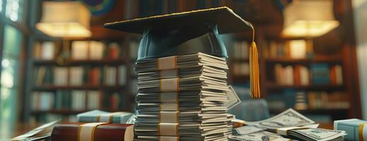 Frontal view of a graduation cap balanced on top of a stack of hundred-dollar bills, with a softly blurred academic backdrop, photorealistic precision, vibrant colors photo