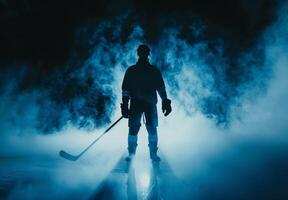 Silhouette of a hockey player holding a stick standing on an ice rink with dramatic smoke and blue light in the background. photo