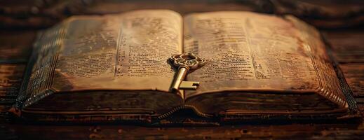 Frontal view of an open antique book, photorealistic style, delicate golden key resting on the pages, soft ambient lighting, rich textures, elegant and scholarly ambiance photo