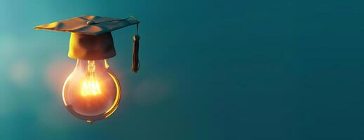 Eye-level angle, business education concept, ample copyspace, light bulb emitting soft glow, graduation cap perched on bulb, CG 3D rendering, vibrant and engaging composition photo