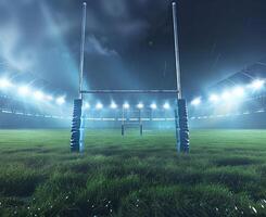 Illuminated rugby field under the night sky with goalposts, ready for the intense match. The stadium lights provide a dramatic backdrop. photo