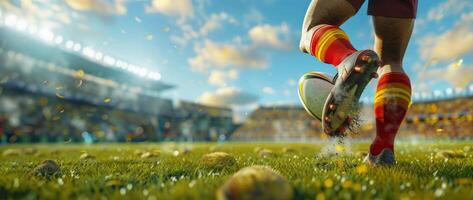 Close-up of rugby player's legs on a grassy field during a match in a stadium under a beautiful blue sky with scattered clouds. photo