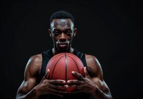 Focused basketball player holding a basketball with both hands against a dark background, demonstrating determination and strength. photo
