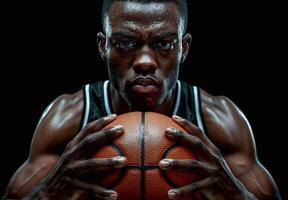 Focused basketball player holding a basketball against a dark background, showing determination and strength. photo