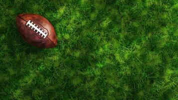 A brown leather football lying on well-maintained green grass, representing a sports theme, outdoor activity or a game setting. photo