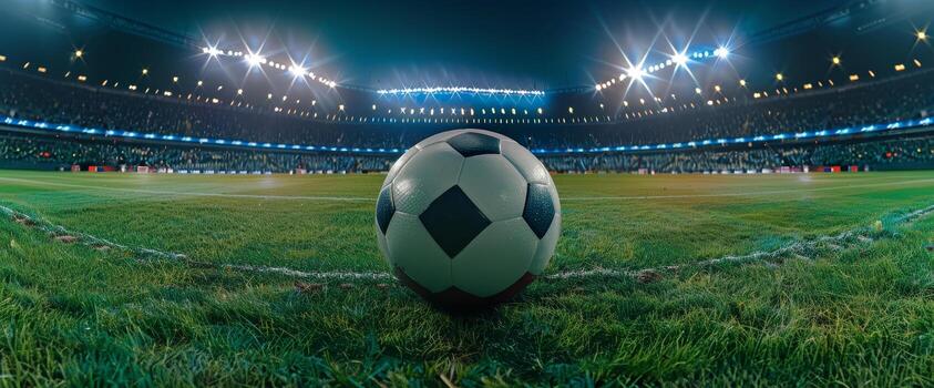 panorámico ver de un fútbol pelota en un herboso campo en un brillantemente iluminado estadio, Listo para un juego debajo el noche cielo foto